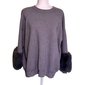 Saks Fifth Avenue Women's Knit Faux Fur Cuff Gray Winter‎ Sweater Size Medium